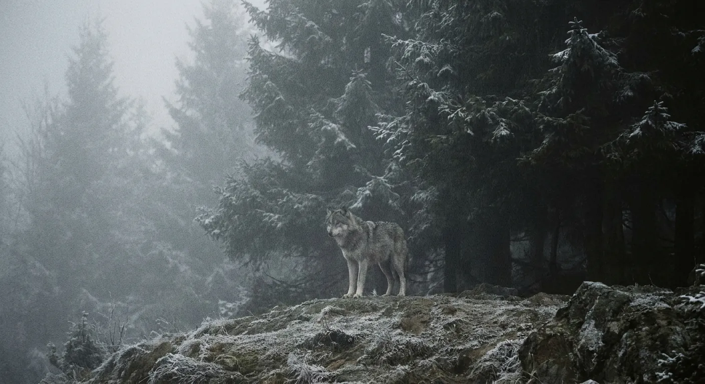 A lone wolf on a frosted ridge at the edge of a foggy forest