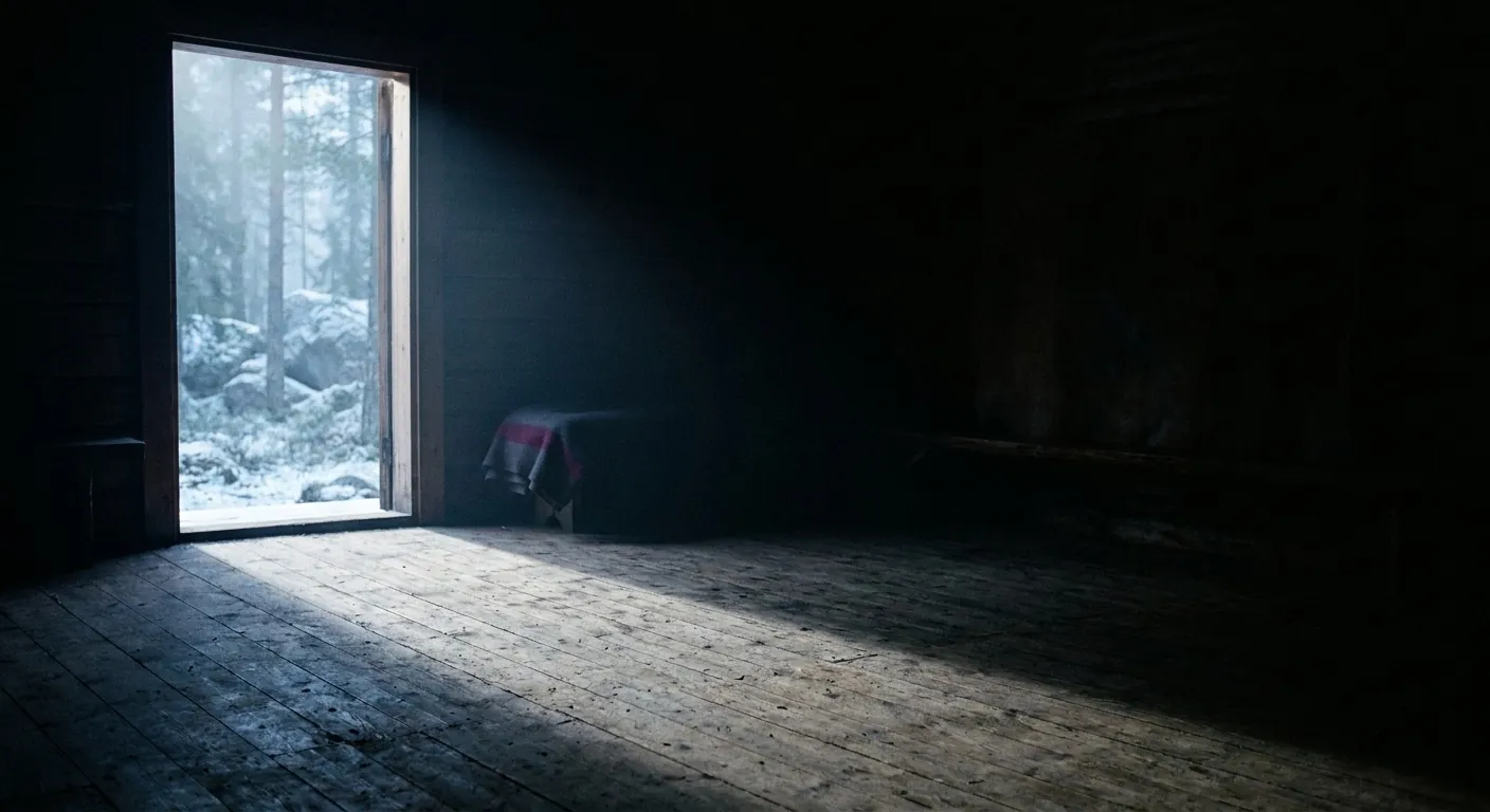 Cold daylight falling through the doorway of a spartan dark Nordic training hall onto a worn wooden floor