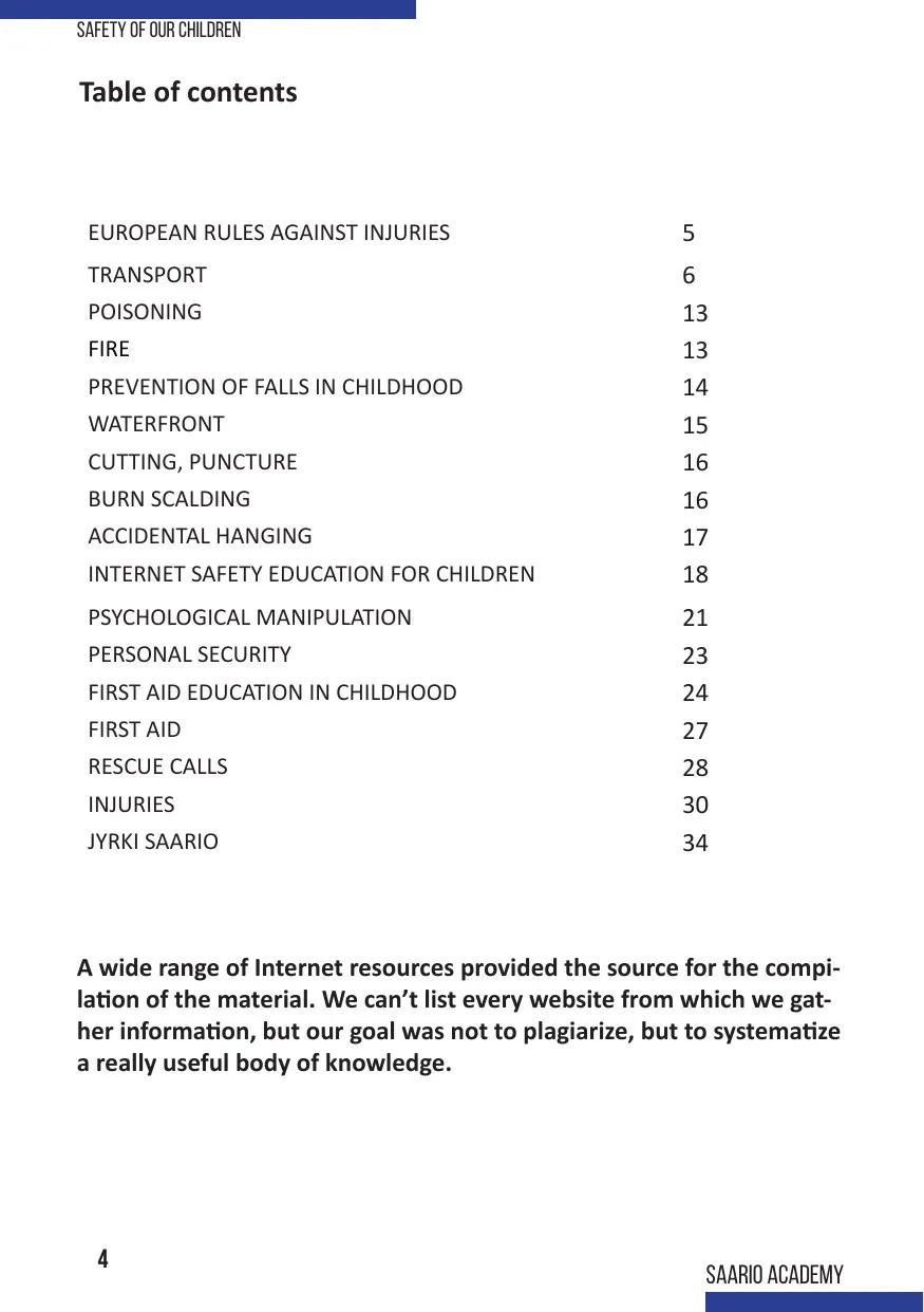 Table of contents of the Safe Kid instructor guide — from transport and fire to internet safety, psychological manipulation, personal security and first aid