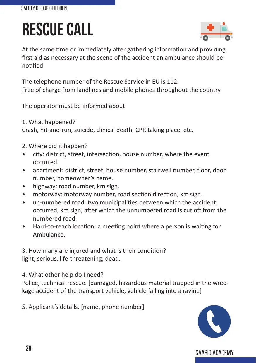 Rescue-call page of the Safe Kid instructor guide — how a child calls 112 and what the operator must be told